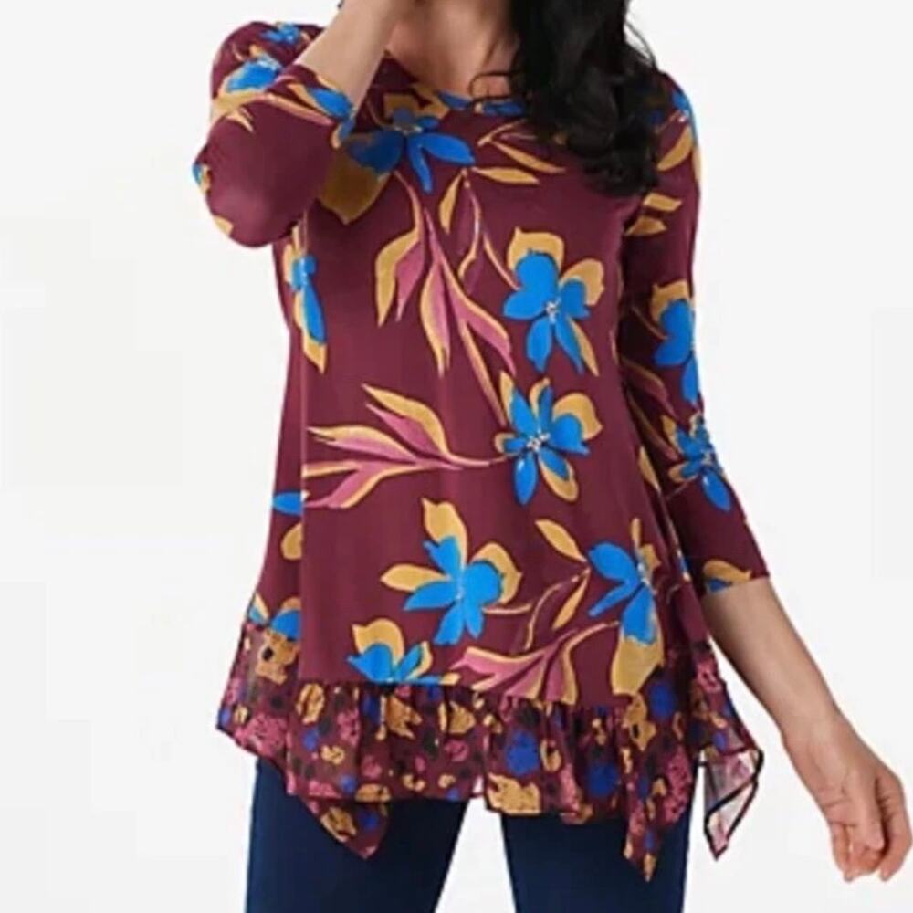 LOGO Lori Goldstein Tunic Blouse Top Size 2X Red Floral Chiffon Hem 3/4 Sleeve